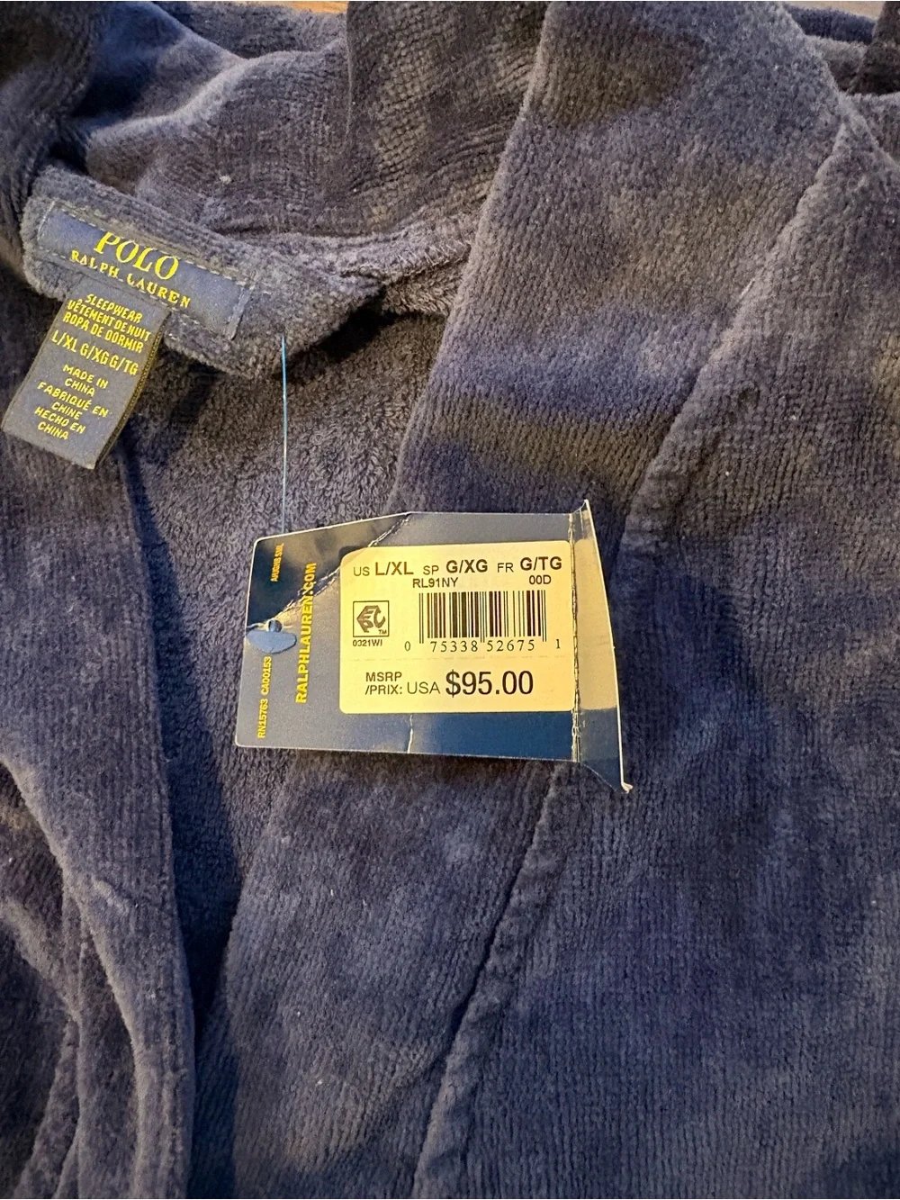 Men’s Polo by Ralph Lauren Navy Velour Bath Robe with Red Pony